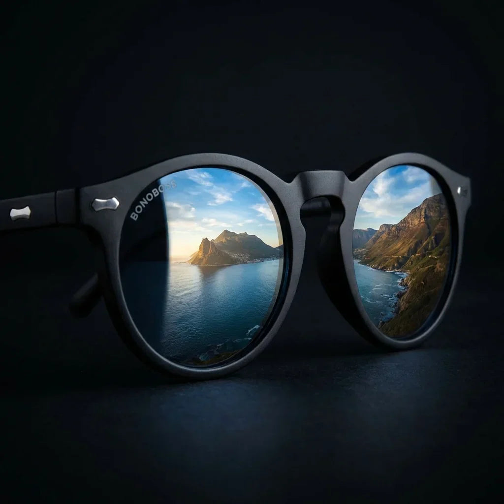 Lentes sol Temuco polarizados UV400 RPET reciclado del oceano azul close-up lente reflejo paisaje costero Bonoboss #editorial_polarizado #color_azul