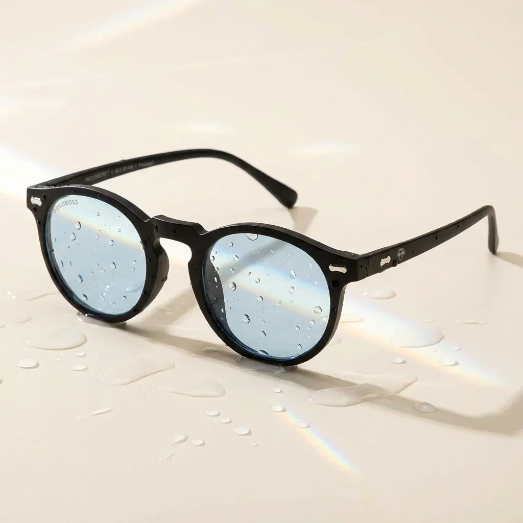 Lentes sol Temuco polarizados RPET reciclado del oceano azul reflejos agua y luz material oceano sustentable Bonoboss #editorial_sustentabilidad #color_azul