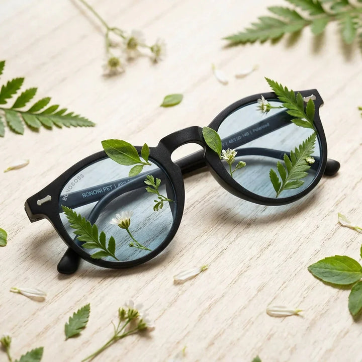 Lenses sun temuco polarized rpet recycled of the oceano blue entre hojas botanicas lens detail green bonoboss #editorial_grid2 #color_azul