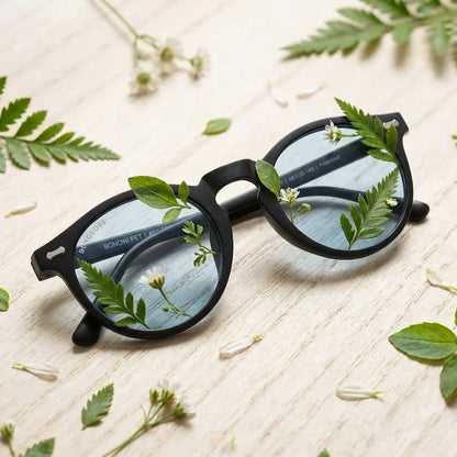 Lentes sol Temuco polarizados RPET reciclado del oceano azul entre hojas botanicas detalle lente verde Bonoboss #editorial_grid2 #color_azul