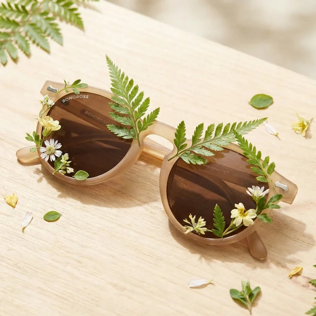 Lentes sol Temuco polarizados RPET reciclado del oceano cafe composicion botanica lente detalle tropical Bonoboss #editorial_grid2 #color_cafe