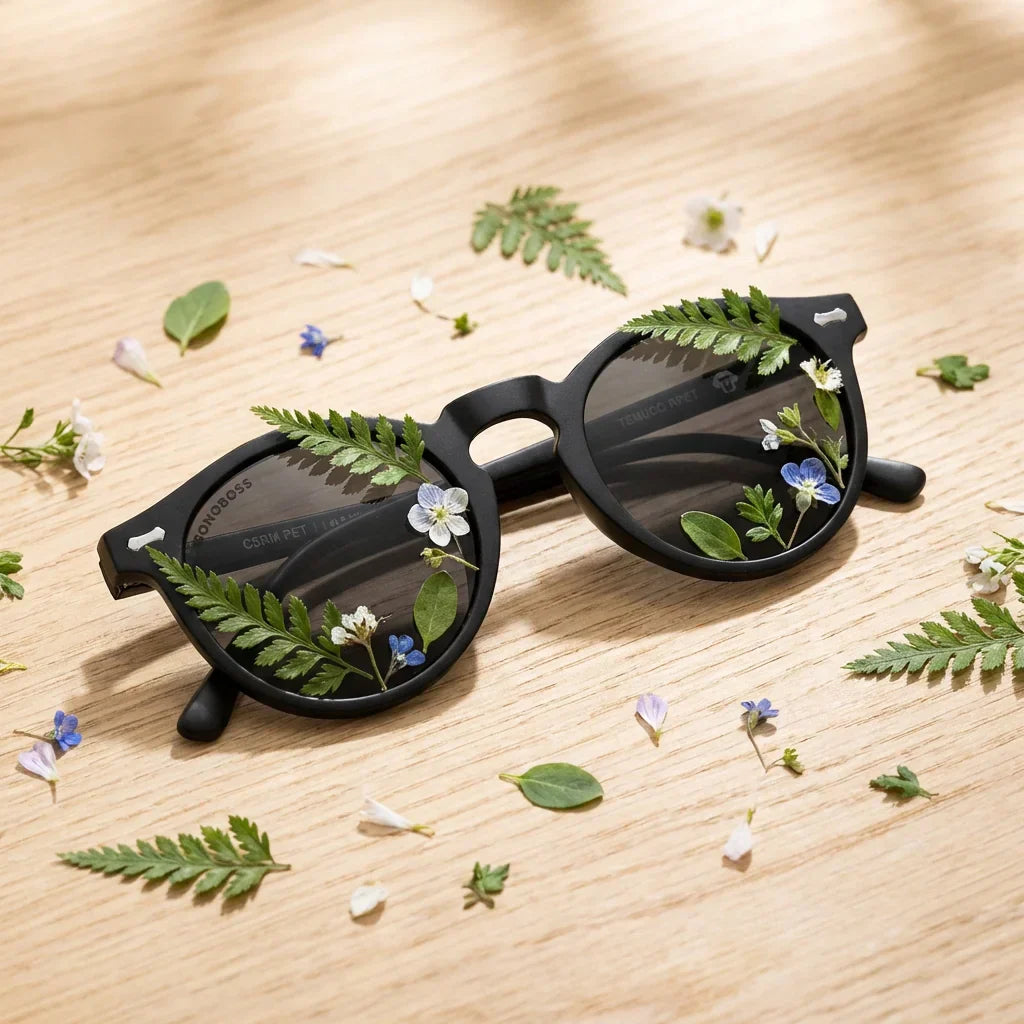 Lentes sol Temuco polarizados RPET reciclado del oceano dark entre vegetacion botanica lente contraste Bonoboss #editorial_grid2 #color_dark