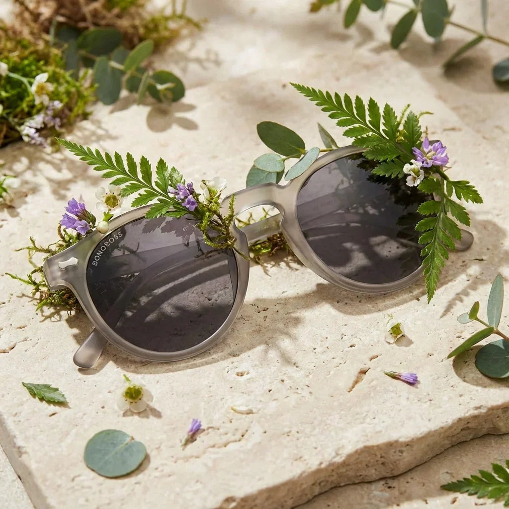 Lentes sol Temuco polarizados RPET reciclado del oceano gris sobre follaje botanico detalle lente natural Bonoboss #editorial_grid2 #color_gris