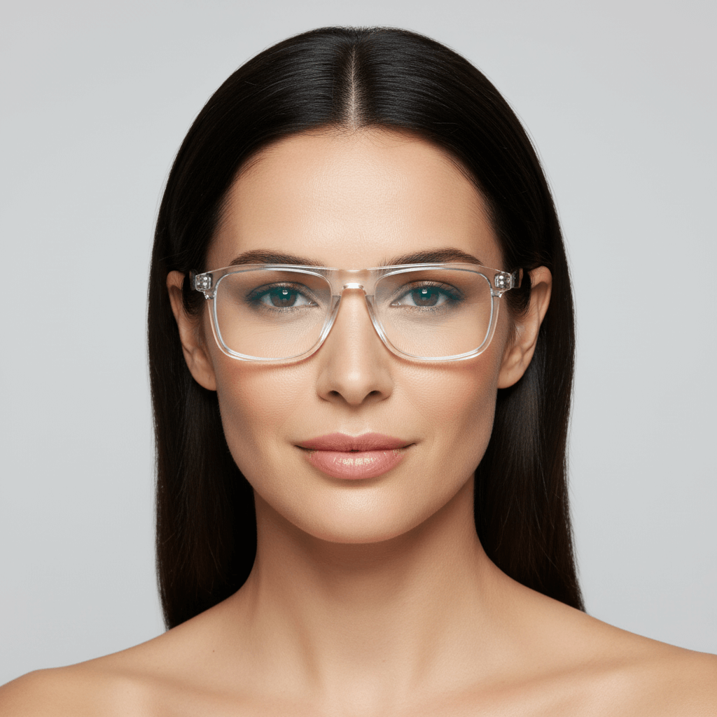 La front view a modelo women cara ovalada redonda large wearing frames optical with sun clip-on polarized bonoboss in acetate de #color_transparente