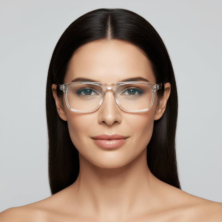 La front view a modelo women cara ovalada redonda large wearing frames optical with sun clip-on polarized bonoboss in acetate de #color_transparente