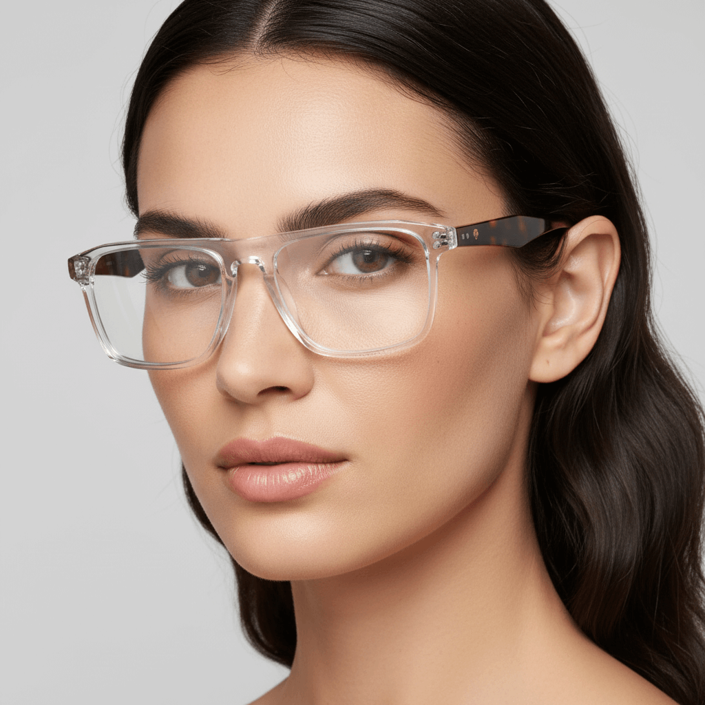 La side view a modelo women cara ovalada redonda large wearing frames optical with sun clip-on polarized bonoboss in acetate de #color_transparente