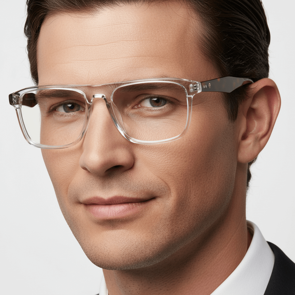 La side view a modelo men cara ovalada redonda large wearing frames optical with sun clip-on polarized bonoboss in acetate de #color_transparente