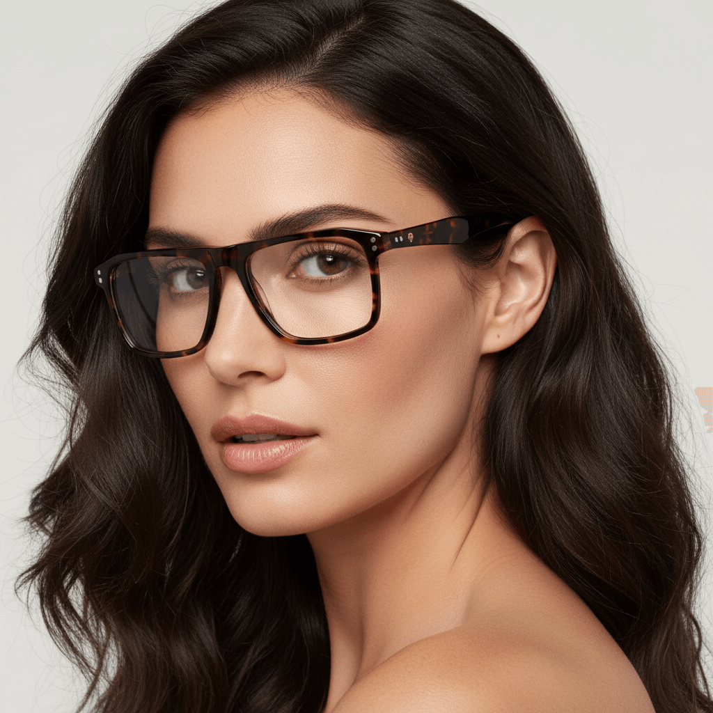 La side view a women cara ovalada redonda large wearing frames optical with sun clip-on polarized bonoboss in acetate de #color_carey