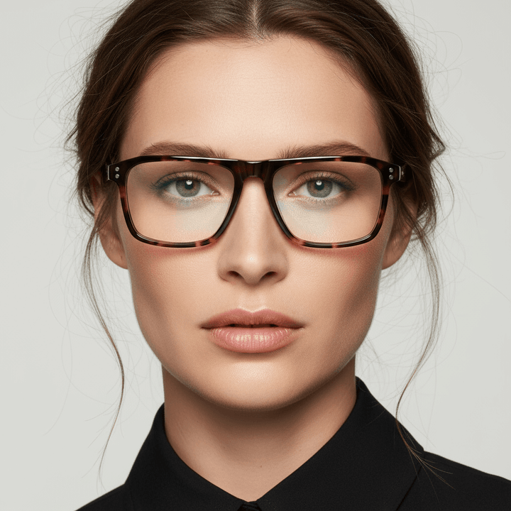 La front view a modelo women cara ovalada redonda large wearing frames optical with sun clip-on polarized bonoboss in acetate de #color_carey
