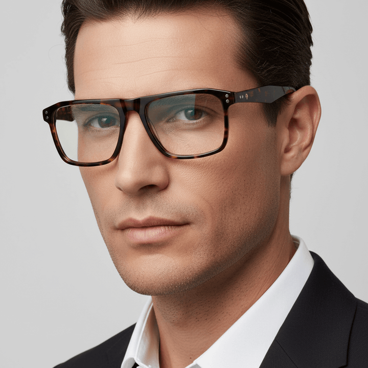 Un men cara ovalada redonda large wearing frames optical with sun clip-on polarized bonoboss in acetate de #color_carey