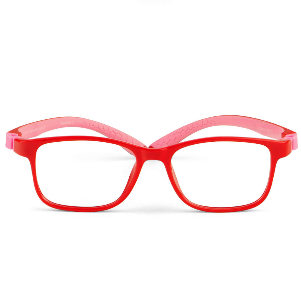anteojos o marcos opticos de niño y niña de forma rectangular de unos anteojos. armazones opticos de goma indestructibles para niños de color rojo y patas rosadas y forma rectangular