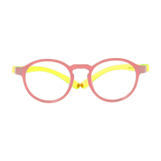 Anteojos de niña y niño de color rosado de forma redonda con cristales opticos con receta indestructibles como los miraflex de color rosado vista frontal #color_rosado
