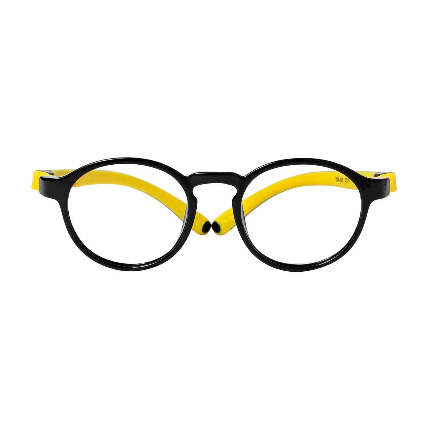 Anteojos de niña y niño de color rosado de forma redonda con cristales opticos con receta indestructibles como los miraflex de color negro y amarillo vista frontal #color_negro