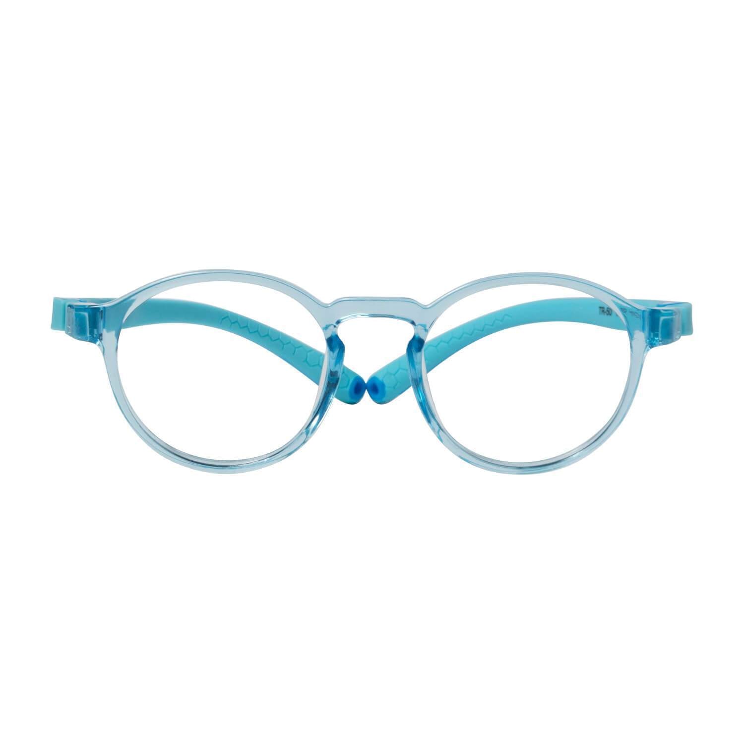 Anteojos de niña y niño de color rosado de forma redonda con cristales opticos con receta indestructibles como los miraflex de color celeste y azul vista frontal #color_trasnparente_azul