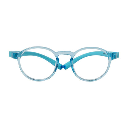 Anteojos de niña y niño de color rosado de forma redonda con cristales opticos con receta indestructibles como los miraflex de color celeste y azul vista frontal #color_trasnparente_azul