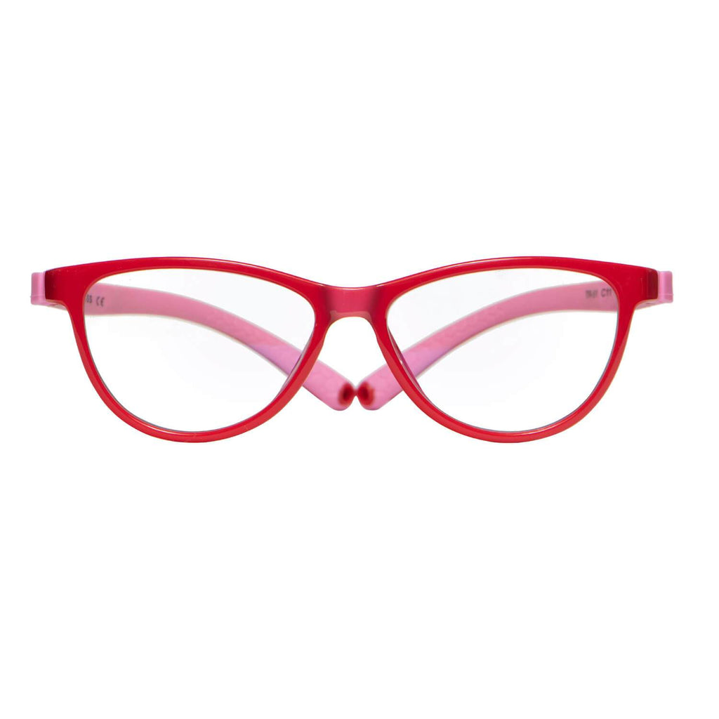 Anteojos o armazones ópticas para niño y niña de forma agatada y color rojo con rosado vista frontal