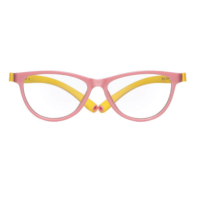 Anteojos o armazones ópticas para niño y niña de forma agatada y color rosado con amarillo vista frontal