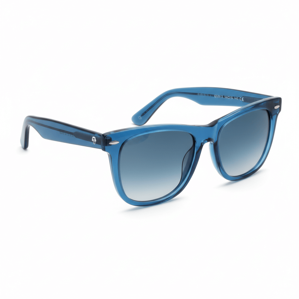 lentes de sol polarizados ovalados para hombre y mujer modelo wayfarer de rayban color azul transparente con lentes degrade azules polarizadas distribuidor mayorista de opticas sustentable reciclado plastico vista angulada #color_azul