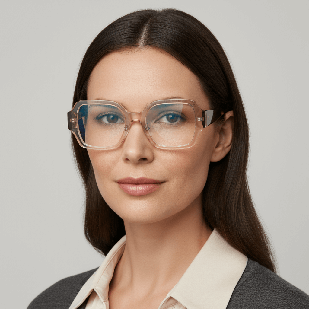 Front view a women cara ovalada ojos green and pelo liso tomado color castaño wearing unos frames eyeglasses optical frames bonoboss in acetate biodegradable recycled sustainable tamaño xl extra larges oversized de #color_pink-havana
