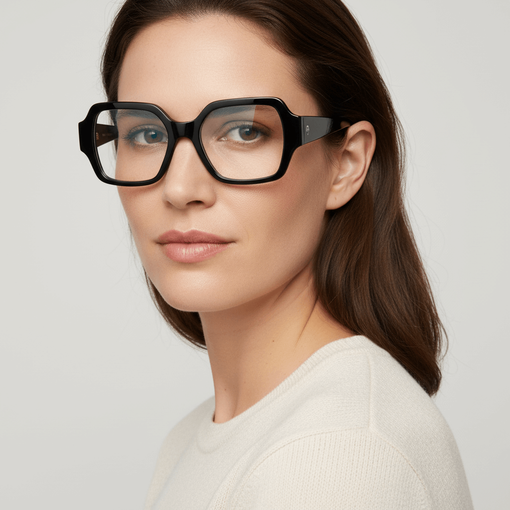 Side view a women cara ovalada ojos brown and pelo ondulado suelto color castaño wearing unos frames eyeglasses optical frames bonoboss in acetate biodegradable recycled sustainable tamaño xl extra larges oversized de #color_negro