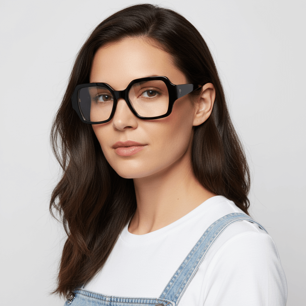 Side view a women cara ovalada ojos brown and pelo ondulado suelto color castaño wearing unos frames eyeglasses optical frames bonoboss in acetate biodegradable recycled sustainable tamaño xl extra larges oversized de #color_negro