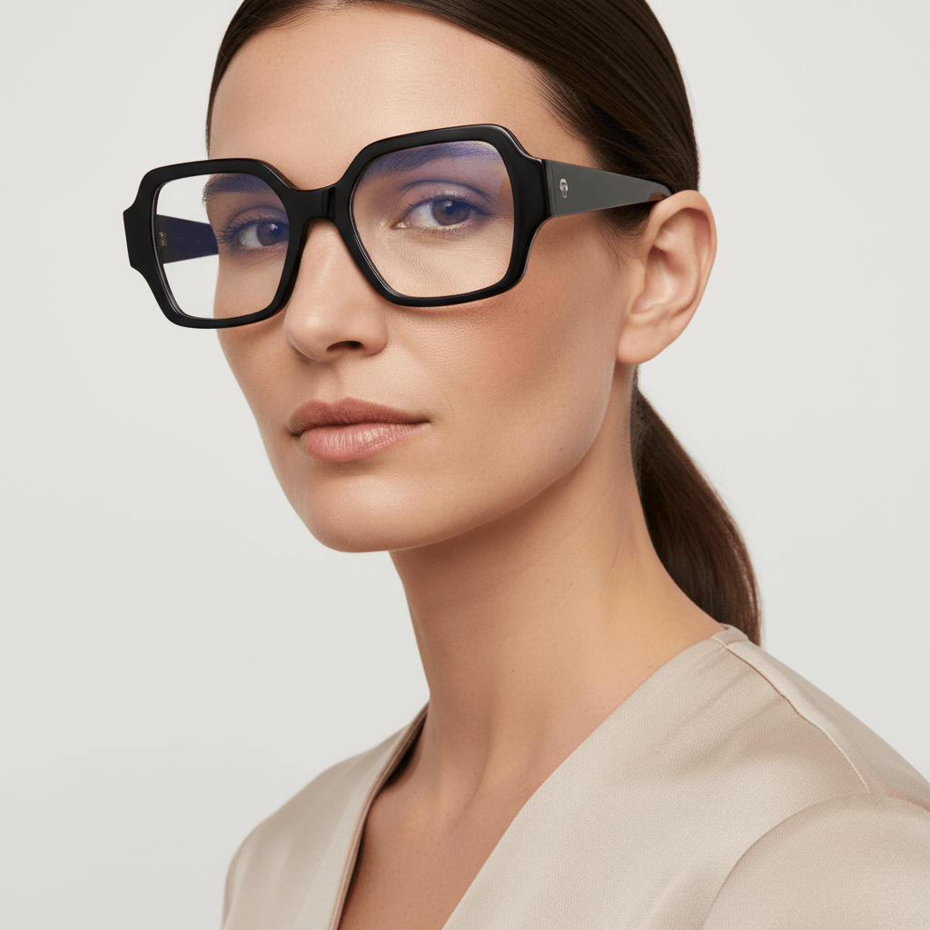Side view a women cara ovalada ojos brown and pelo tomado color castaño wearing unos frames eyeglasses optical frames bonoboss in acetate biodegradable recycled sustainable tamaño xl extra larges oversized de #color_negro