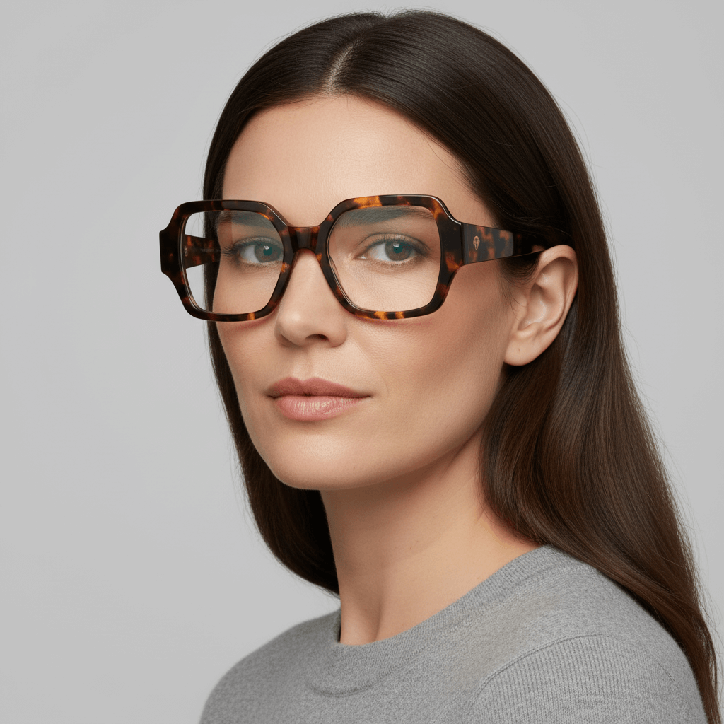Side view a women cara ovalada ojos color ambar and pelo liso suelto color castaño wearing unos frames eyeglasses optical frames bonoboss in acetate biodegradable recycled sustainable tamaño xl extra larges oversized de #color_carey