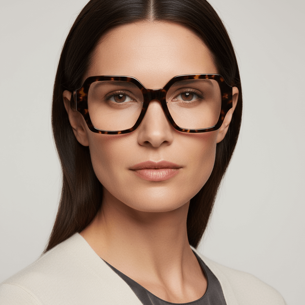 Front view a women cara ovalada ojos color ambar and pelo liso suelto color castaño wearing unos frames eyeglasses optical frames bonoboss in acetate biodegradable recycled sustainable tamaño xl extra larges oversized de #color_carey
