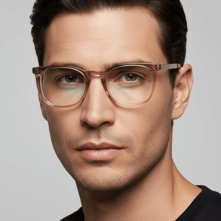 Close up front a men wearing eyeglasses frames optical bonoboss in acetate recycled biodegradable sustainable prescription optica de #color_blonde-crystal