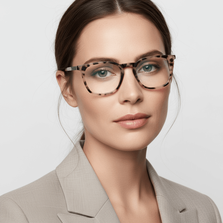 La front view a modelo women ojos greens wearing unos frames optical frames bonoboss prescription in sustainable acetate recycled de #color_marble