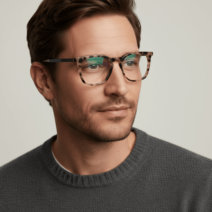 La side view a modelo men ojos brown wearing unos frames optical frames bonoboss prescription in sustainable acetate recycled de #color_marble