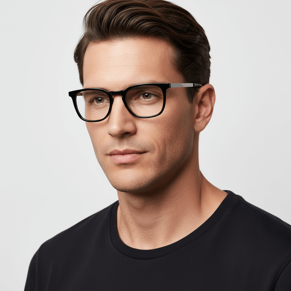 La side view a modelo men ojos brown wearing unos frames optical frames bonoboss prescription in sustainable acetate recycled de #color_negro