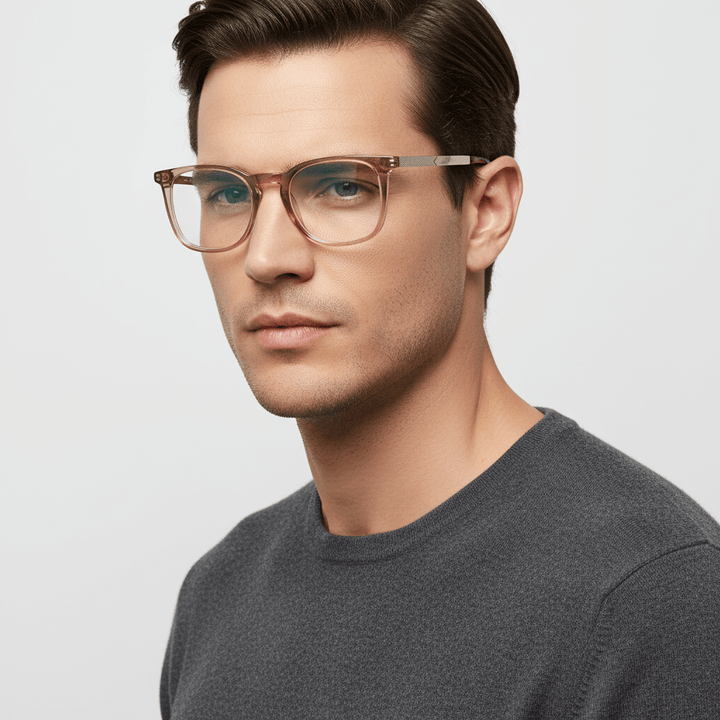 Side view a men wearing eyeglasses frames optical bonoboss in acetate recycled biodegradable sustainable prescription optica de #color_blonde-crystal