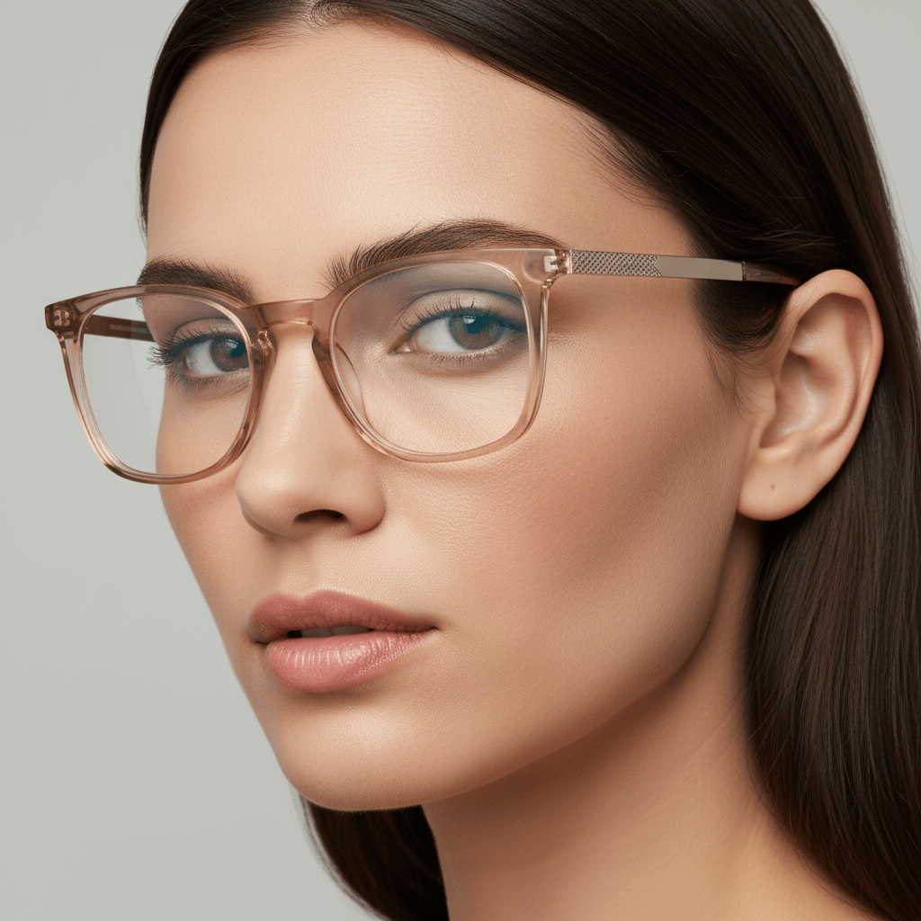 Close up side a women cara ovalada and pelo liso wearing eyeglasses frames optical bonoboss in acetate recycled biodegradable sustainable prescription optica de #color_blonde-crystal