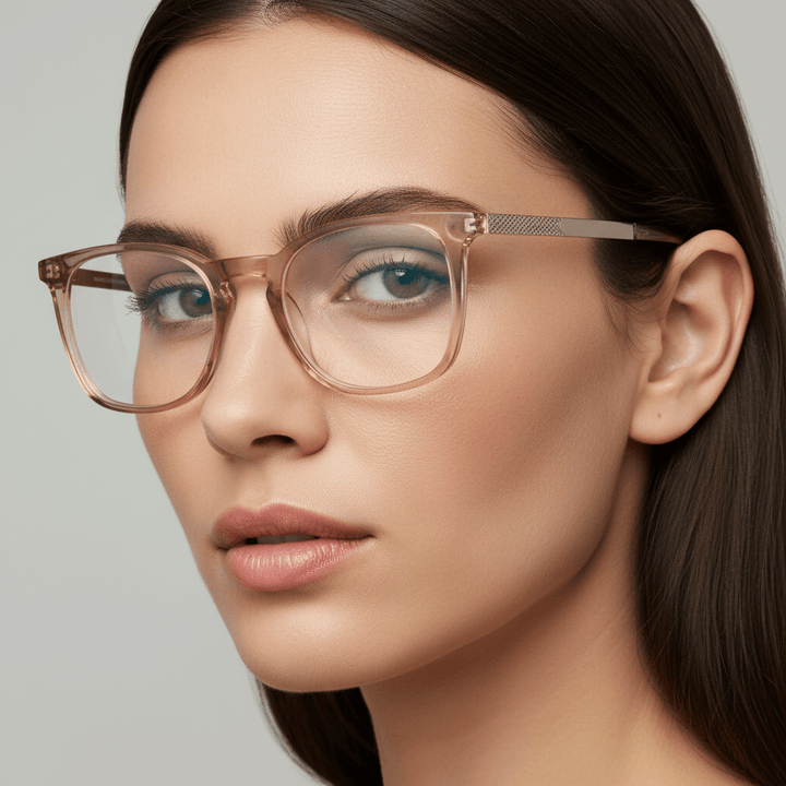 Close up side a women cara ovalada and pelo liso wearing eyeglasses frames optical bonoboss in acetate recycled biodegradable sustainable prescription optica de #color_blonde-crystal