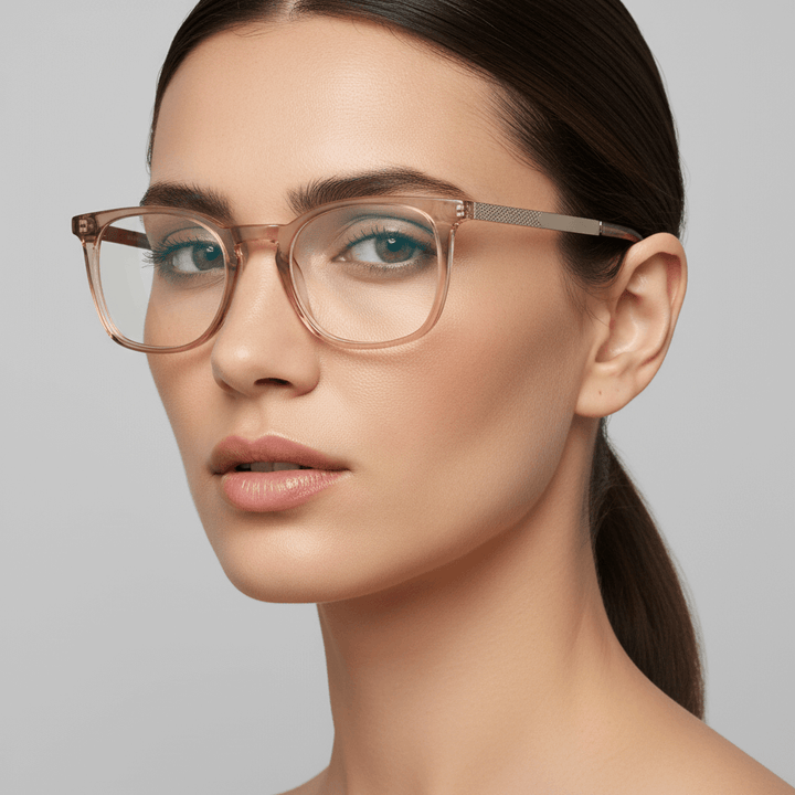 Close up side a women cara ovalada and pelo liso wearing eyeglasses frames optical bonoboss in acetate recycled biodegradable sustainable prescription optica de #color_blonde-crystal