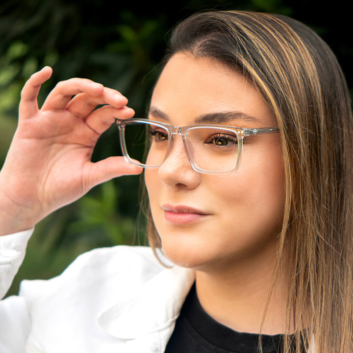 Eyeglasses or optical frames rectangular clears larges for round face clear with sobre lente sun clip-on iman polarized for men and women front view Bonoboss #color_transparente