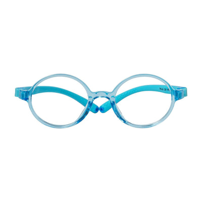 marcos opticos para niños de forma redonda de cara redonda de color azul transparente. lentes de niños miraflex distribuidora precios mayoristas para opticas