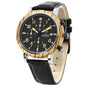 reloj cronógrafo para hombre con madera café que rodea a su caja de acero inoxidable café, la correa es de cuero color negro