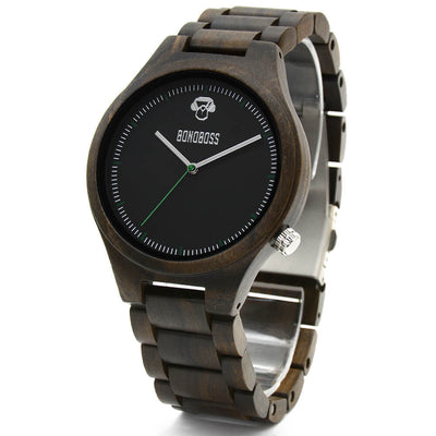 reloj de madera bonoboss hicka sándalo negro de 40mm de caja y 20mm de correa. El reloj es de una madera de color negro y tiene un puntero verde.